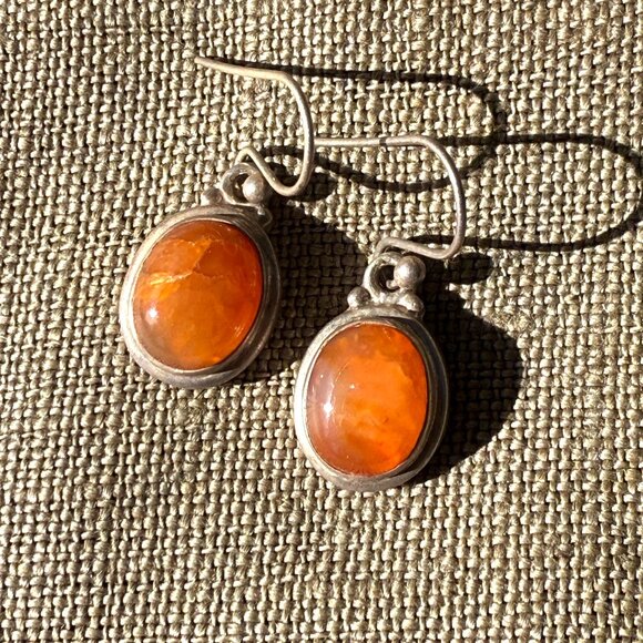 Vintage Sterling Silver & Orange Carnelian Pierced Earrings - Picture 1 of 5